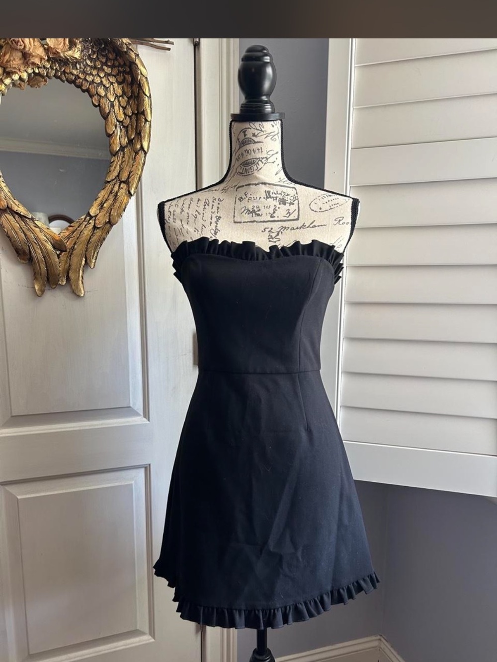 French Connection Black Strapless Ruffle Trim Mini Dress